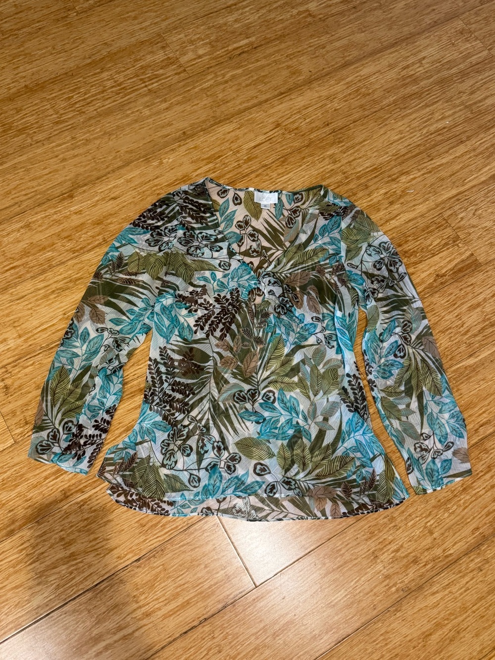 Ann Taylor Loft green and blue tropical print sheer 3/4 sleeve blouse